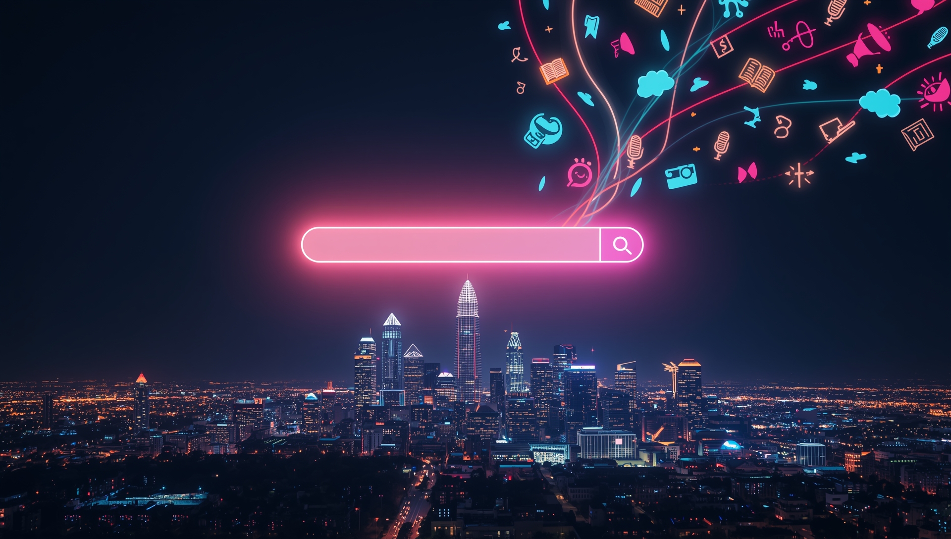 Conceptual image of a glowing search bar above the Atlanta skyline with creative storytelling icons flowing into it, symbolizing digital PR and SEO.