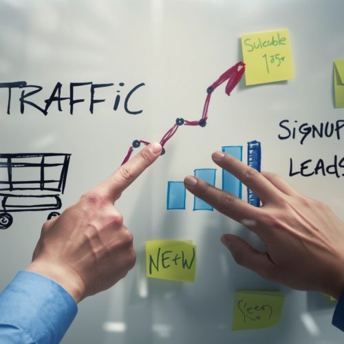 Hands pointing to a whiteboard with hand-drawn conversion metrics, arrows, and signups, showing a digital marketing strategy plan.