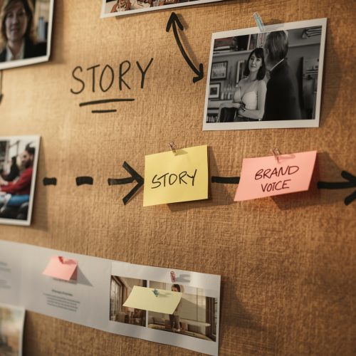 Visual storyboard showing photos, notes, and connected elements used to plan brand storytelling and narrative strategy.