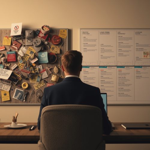 Editorial-style image showing a business leader comparing short-term marketing tactics with a structured long-term digital marketing strategy.