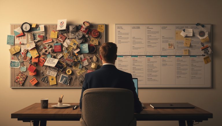 Editorial-style image showing a business leader comparing short-term marketing tactics with a structured long-term digital marketing strategy.