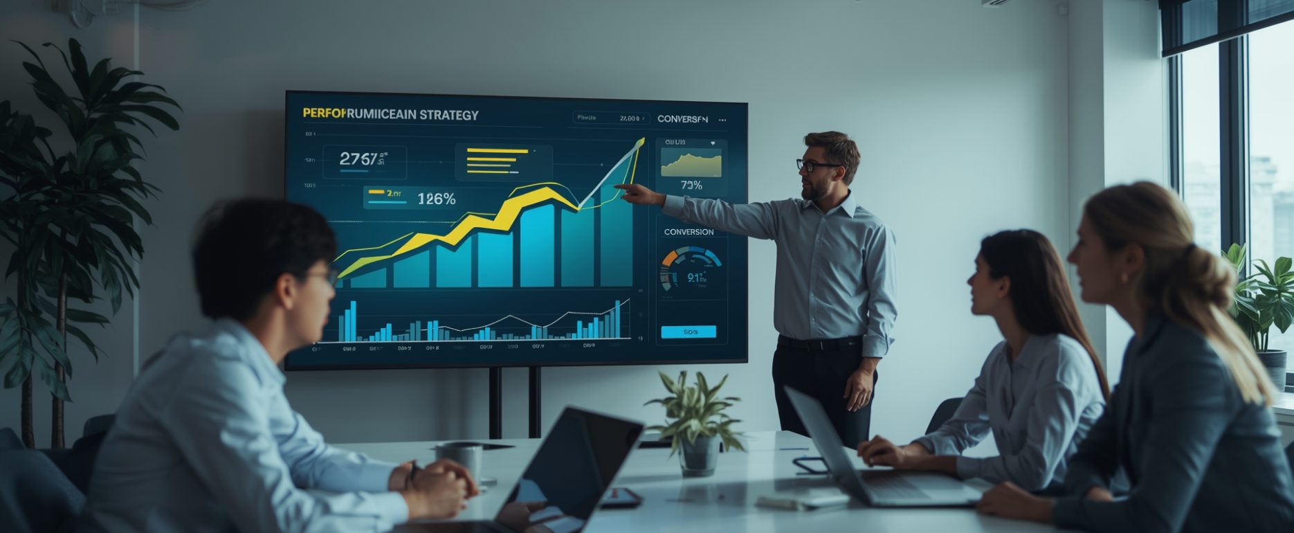 Marketing team reviewing performance data and conversion trends to improve website and campaign results