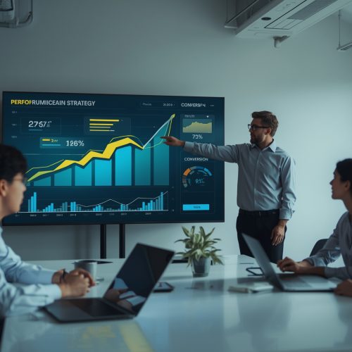 Marketing team reviewing performance data and conversion trends to improve website and campaign results