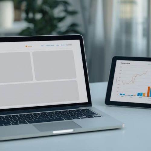 Professional website design displayed on a laptop, showing a structured layout and analytics visuals that represent user experience, SEO, and conversion-focused design