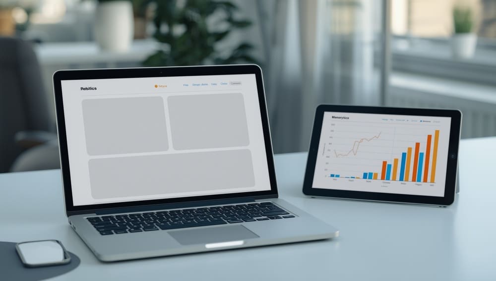 Professional website design displayed on a laptop, showing a structured layout and analytics visuals that represent user experience, SEO, and conversion-focused design