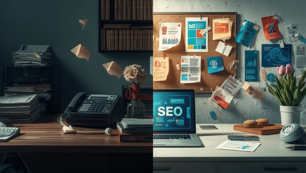 Split-scene illustration comparing outdated public relations methods with modern PR strategies using digital media, SEO, and influencer engagement