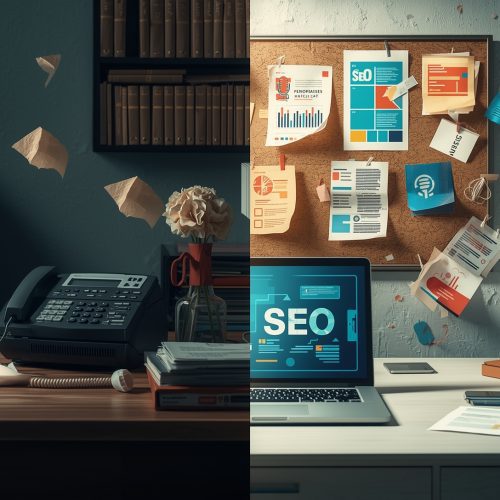 Split-scene illustration comparing outdated public relations methods with modern PR strategies using digital media, SEO, and influencer engagement